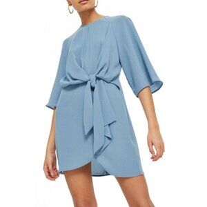Glam Blue Crew Neck‎ Front Knot Long Wide Sleeve Mini Dress Size L NWT
